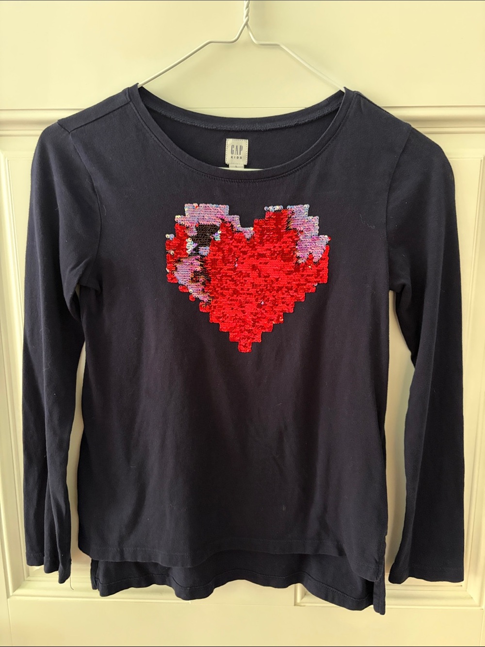 GAP Navy Long Sleeve Tee with Reversible Red & Pink Sequin Heart